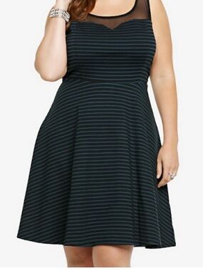 torrid Black Dress with Teal Stripes and Mesh Yoke Scoop Neck